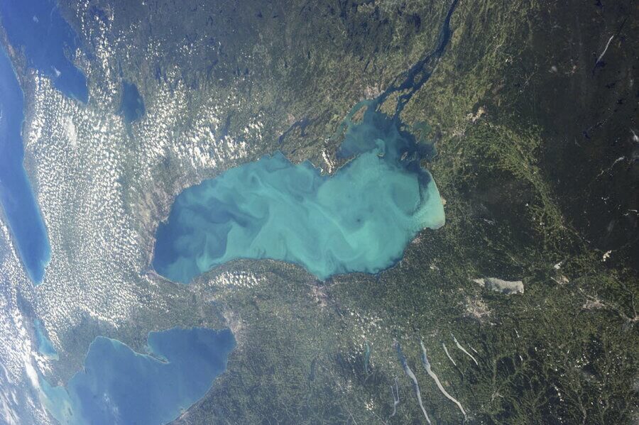 Слика 1: Цијанобактерија (плаво-зелено) преко целе површине језера Онтарио